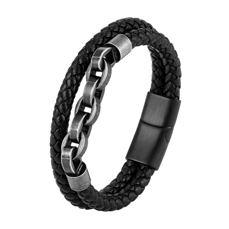 Stainless Steel Faux Leather Vintage Chain Bracelet