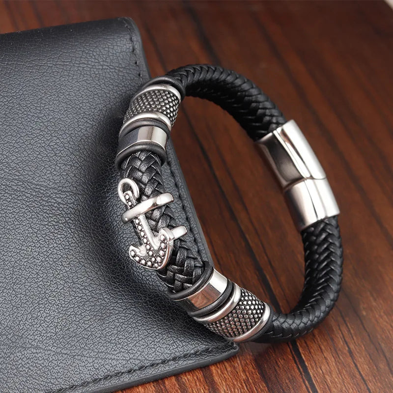 Stainless Steel Faux Leather Anchor Bracelet