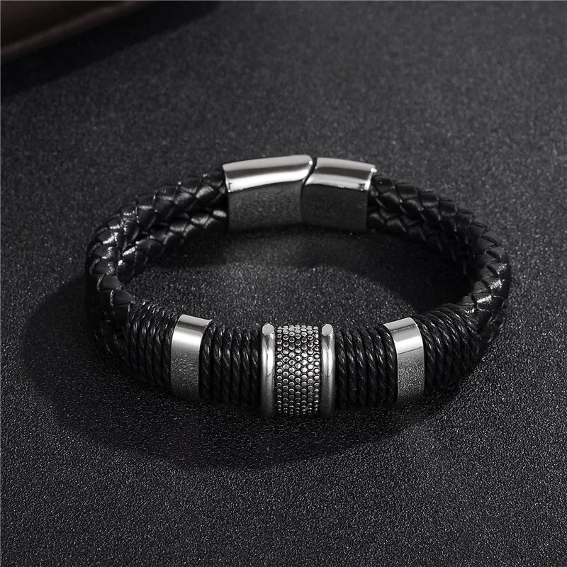 Titanium Steel Faux Leather Woven Bracelet