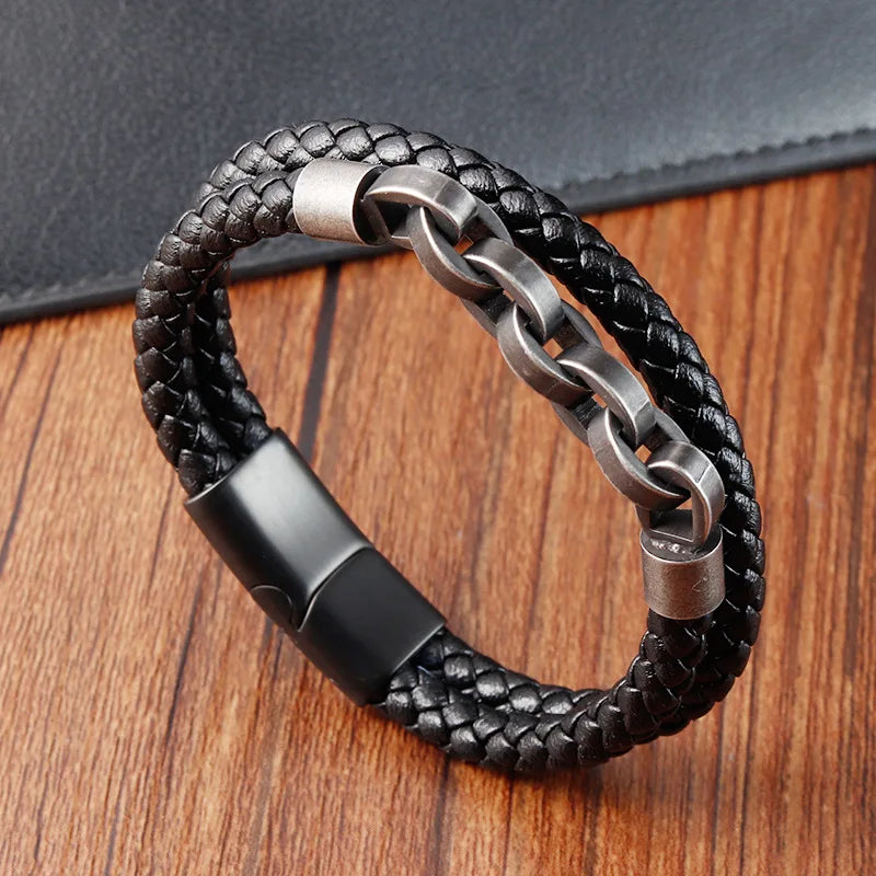 Stainless Steel Faux Leather Vintage Chain Bracelet