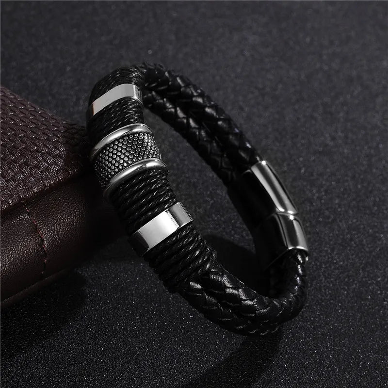 Titanium Steel Faux Leather Woven Bracelet