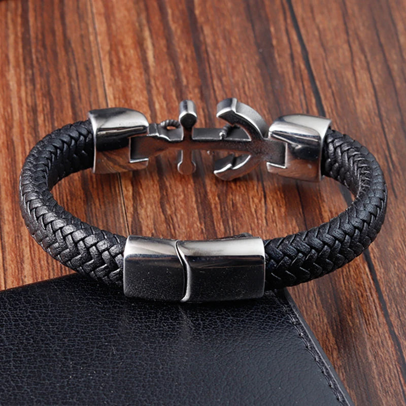 Stainless Steel Genuine Faux Leather Gothic Bracelet