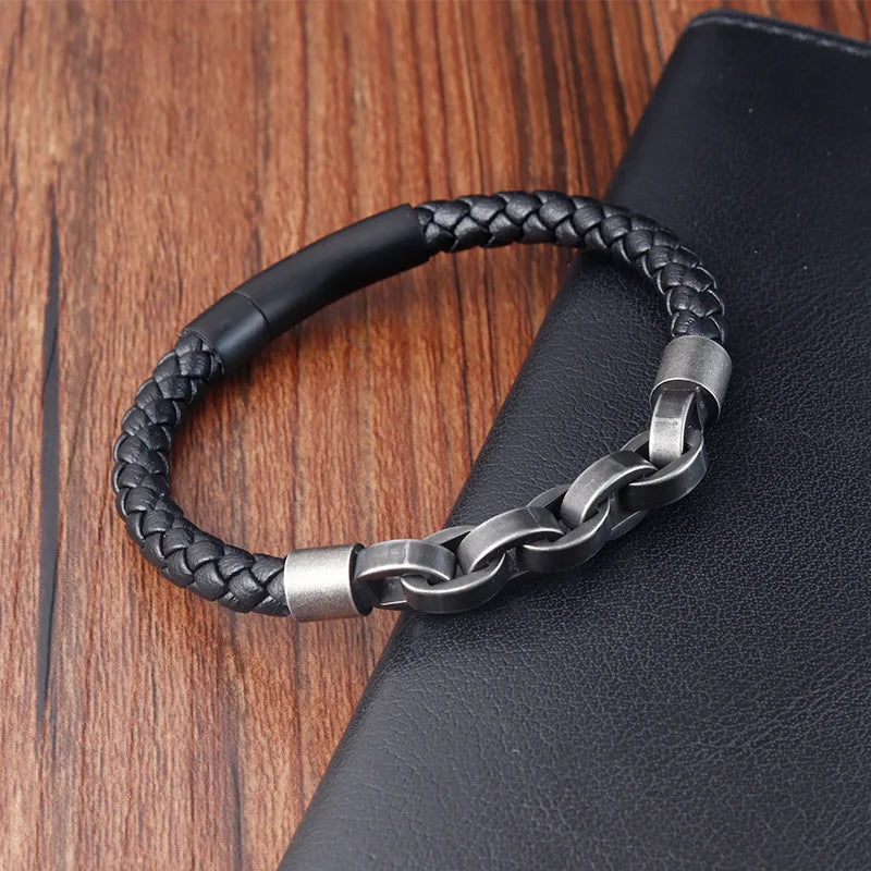 Stainless Steel Faux Leather Vintage Chain Bracelet