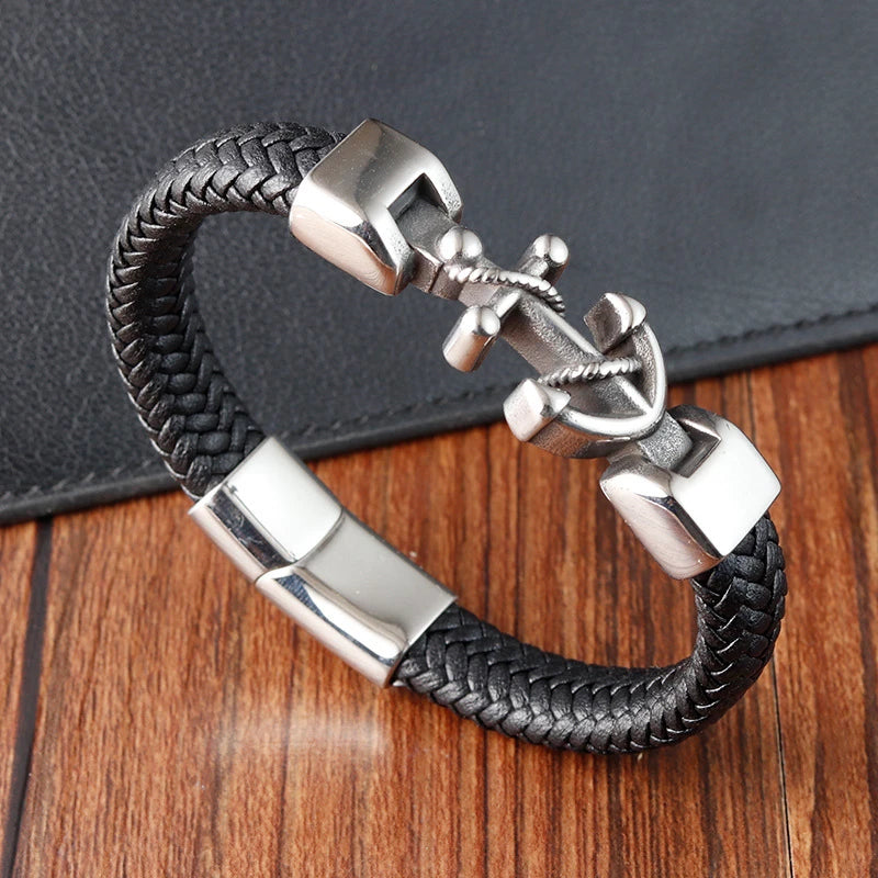 Stainless Steel Genuine Faux Leather Gothic Bracelet