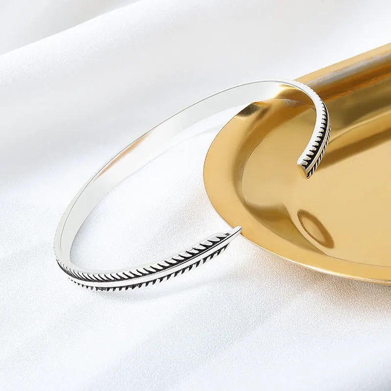 925 Sterling Silver Vintage Feather Cuff Bracelet - Bracelets Express