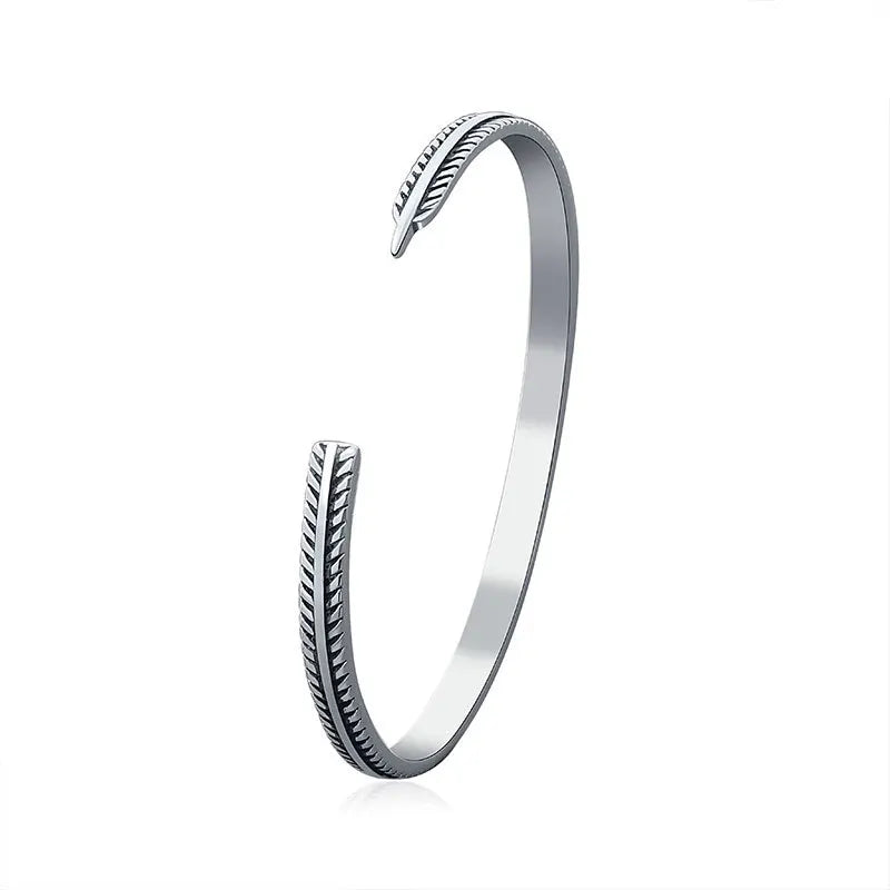 925 Sterling Silver Vintage Feather Cuff Bracelet - Bracelets Express