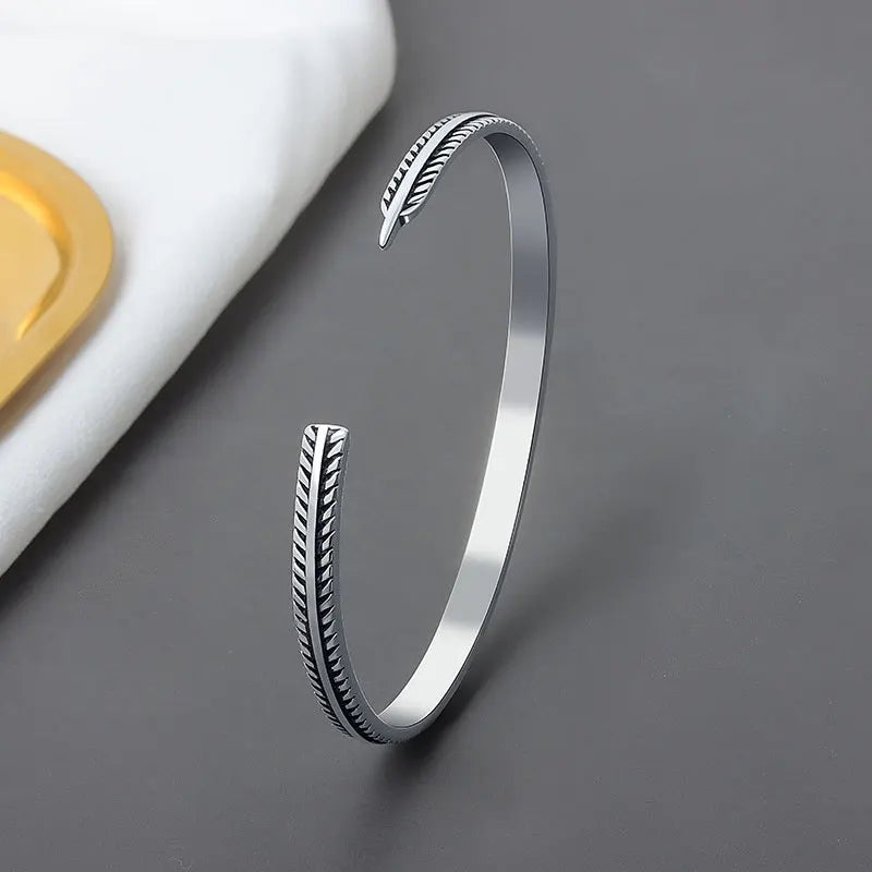 925 Sterling Silver Vintage Feather Cuff Bracelet - Bracelets Express