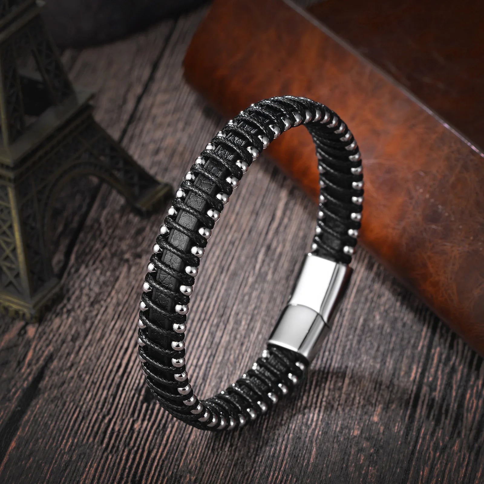 Stainless Steel Braided Black Faux Leather Bracelet - Bracelets Express