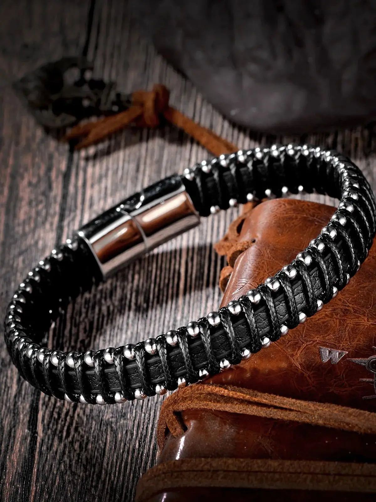 Stainless Steel Braided Black Faux Leather Bracelet - Bracelets Express