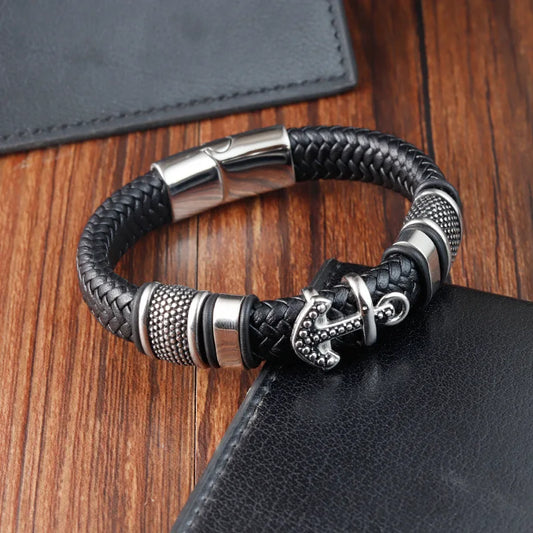 Stainless Steel Faux Leather Anchor Bracelet