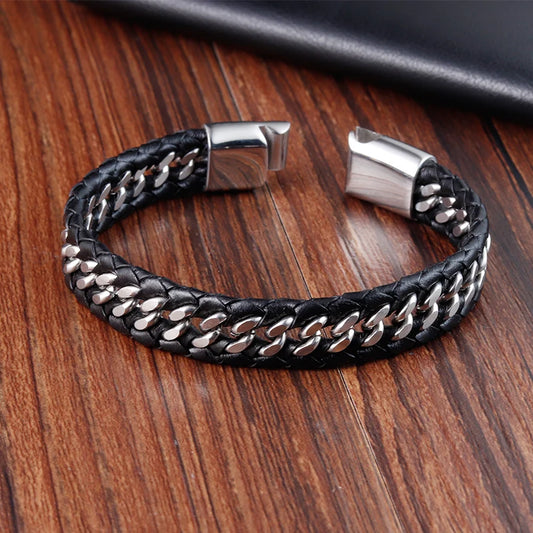 Stainless Steel Braided Black Faux Leather Bracelet - Bracelets Express