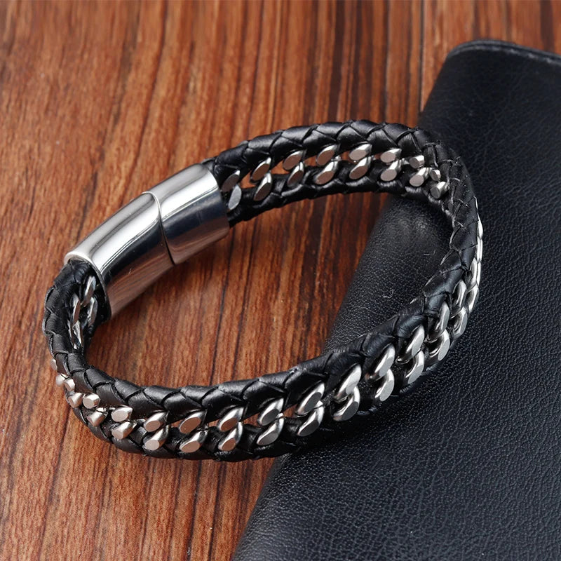 Stainless Steel Braided Black Faux Leather Bracelet - Bracelets Express