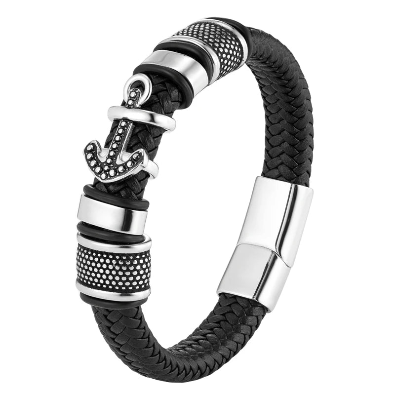 Stainless Steel Faux Leather Anchor Bracelet