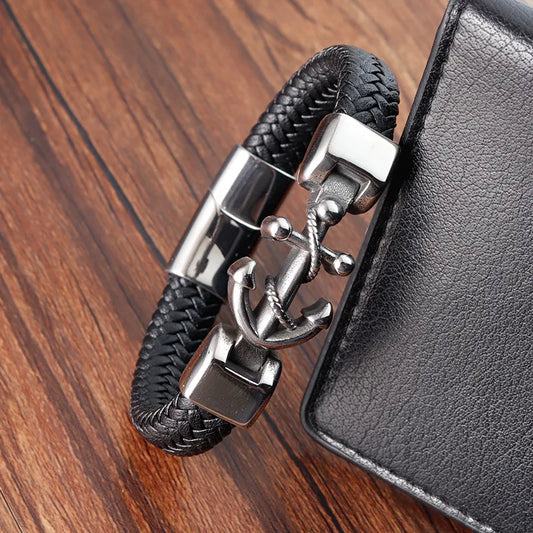 Stainless Steel Genuine Faux Leather Gothic Bracelet