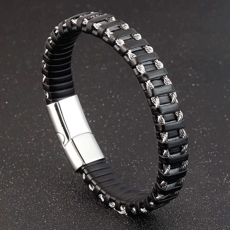 Stainless Steel Braided Black Faux Leather Bracelet - Bracelets Express
