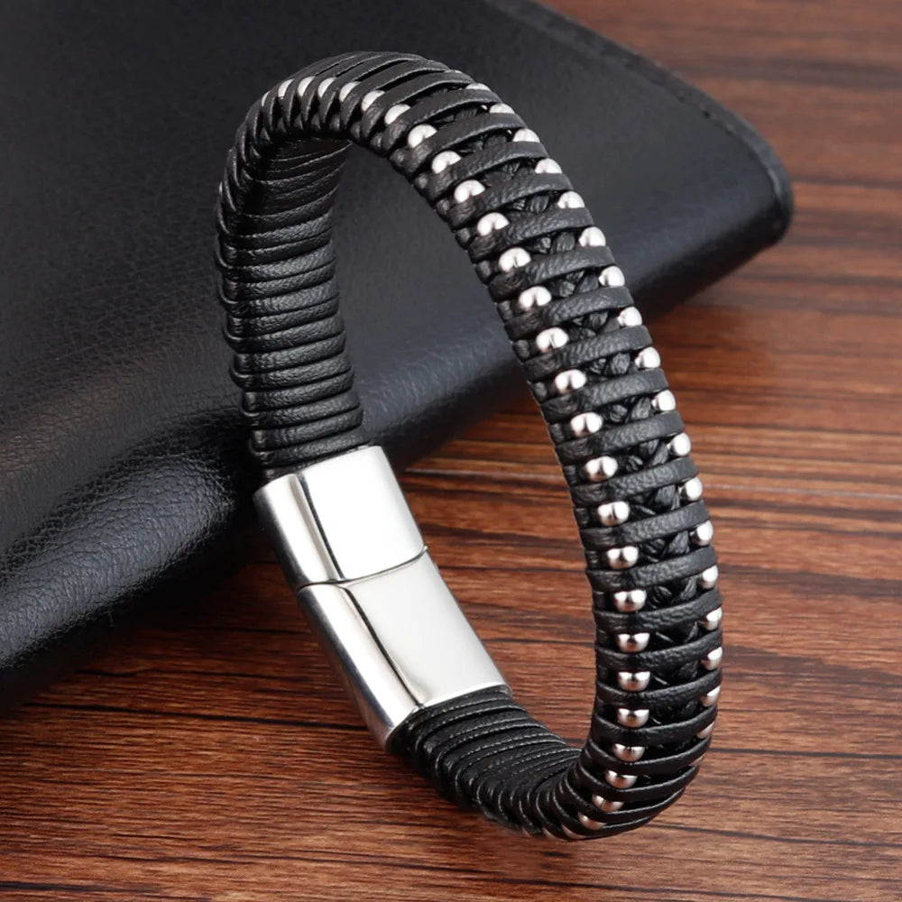 Stainless Steel Braided Black Faux Leather Bracelet - Bracelets Express